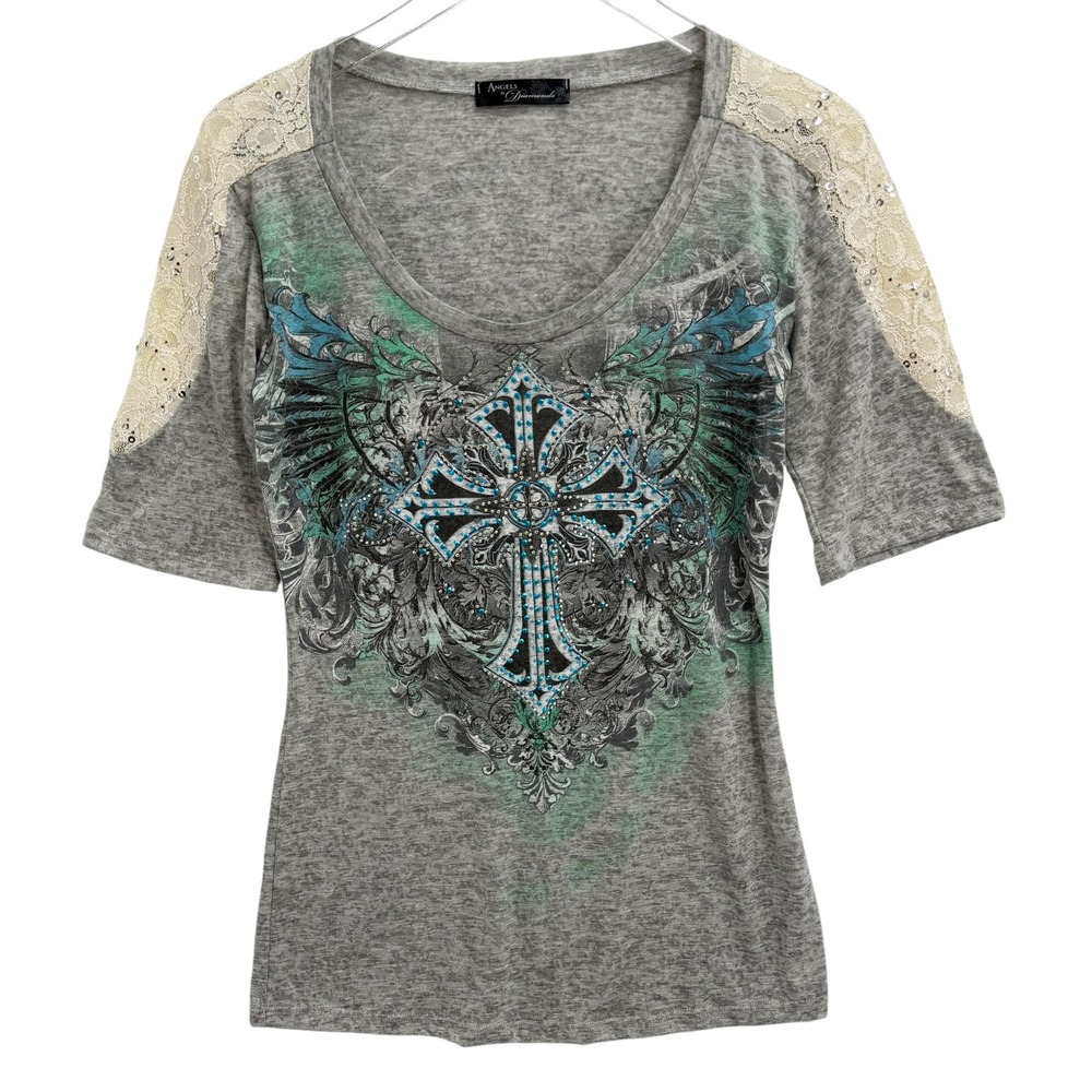 Y2K Angels & Diamonds Cross Graphic Rhinestone Lace Top Size M Bling Embellished